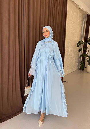 5730 Kolu Volanlı Pelerinli Şifon Elbise