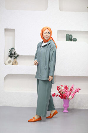 4367 Kapşonlu Önü Fermuarlı Pantolonlu Tencel Takım