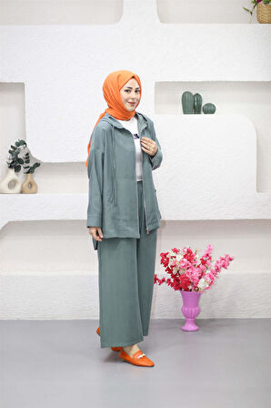 4367 Kapşonlu Önü Fermuarlı Pantolonlu Tencel Takım