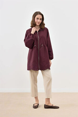 3020 Önü Fermuarlı Körük Bağıcıklı Nakış Detaylı Ceket