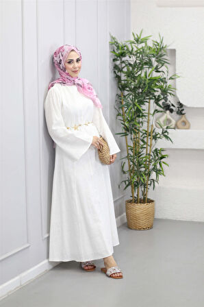 3335 Bisiklet Yaka Şaç Örgü Kuşaklı Keten Apple Elbise