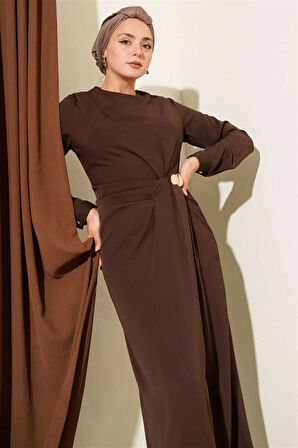 5004 Beli Kalp Tokalı Pileli Elbise