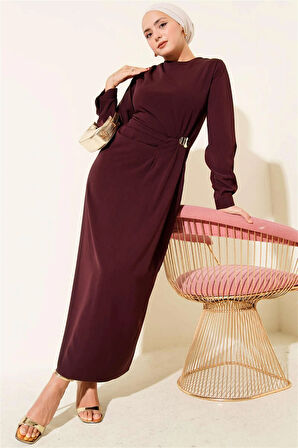 5004 Beli Kalp Tokalı Pileli Elbise