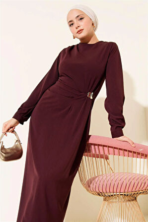 5004 Beli Kalp Tokalı Pileli Elbise