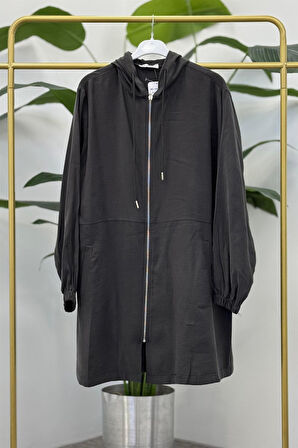 2102 Kapşonlu Fermuarlı Arkası Taş İşlemeli Keten Kap