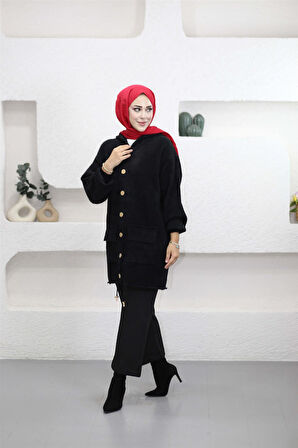 140105 Angora Kapşonlu Uzun Hırka