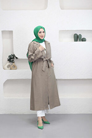 4175 Şal Yaka Apoletli Kuşaklı Aerobin Astarlı Trençkot