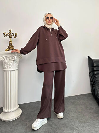 2602 Kapşonlu Yarım Fermuarlı Eteği Parçalı Modal Takım