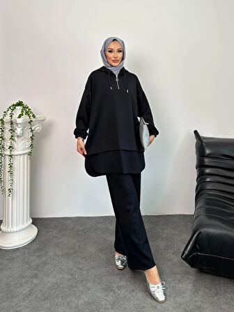 2602 Kapşonlu Yarım Fermuarlı Eteği Parçalı Modal Takım