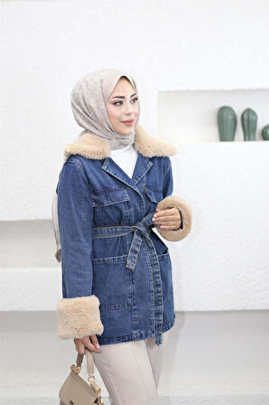 81185 Yakası Ve Kol Uçları Kürk Detaylı Kuşaklı Kot Ceket