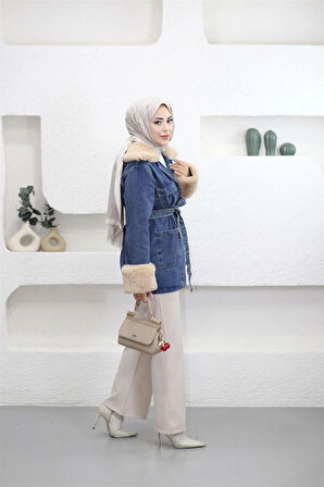 81185 Yakası Ve Kol Uçları Kürk Detaylı Kuşaklı Kot Ceket