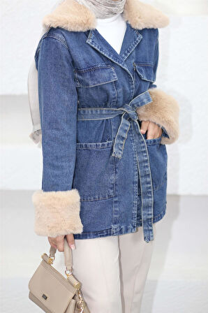 81185 Yakası Ve Kol Uçları Kürk Detaylı Kuşaklı Kot Ceket