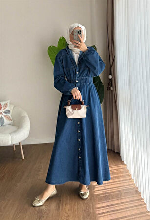 Y-03 Beli Kalın Lastikli Gömlek Yaka Kot Elbise