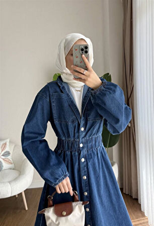 Y-03 Beli Kalın Lastikli Gömlek Yaka Kot Elbise