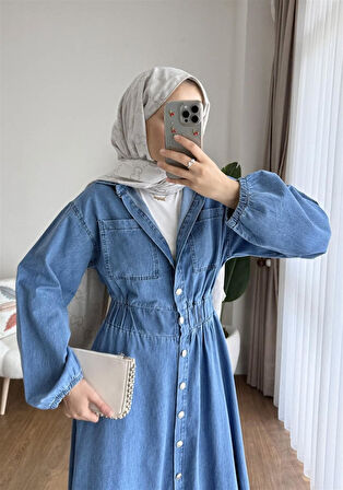 Y-03 Beli Kalın Lastikli Gömlek Yaka Kot Elbise