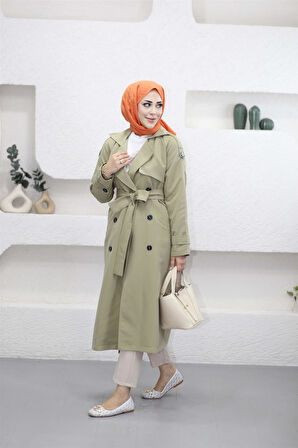 4042 Omuz Ve Kol Uçları Apoletli Kuşaklı Pelerinli Trençkot