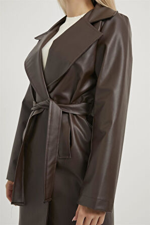 1041 Şal Yaka Kuşaklı Deri Trençkot