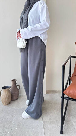 5004 Beli Lastikli Yanları Düğme Detaylı Bol Paça Kadifemsi Pantolon