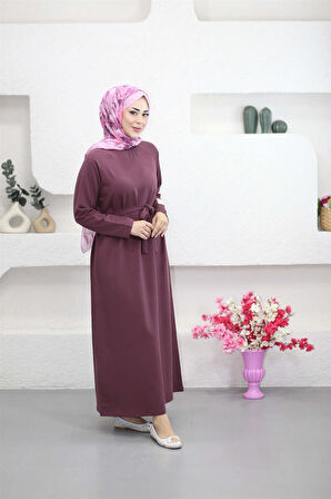 2400 Kolu Etiket Detaylı Kuşaklı Uzun Elbise