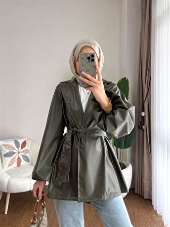 3065 Kuşaklı Balon Kol Deri Ceket