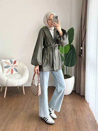 3065 Kuşaklı Balon Kol Deri Ceket