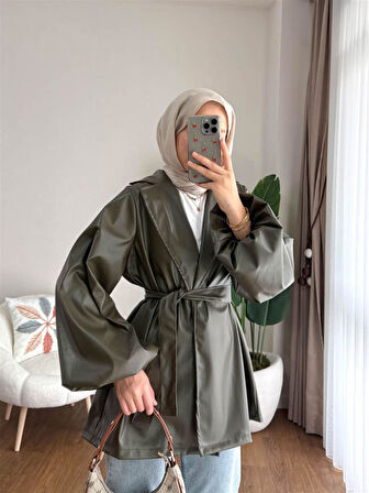 3065 Kuşaklı Balon Kol Deri Ceket