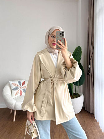 3065 Kuşaklı Balon Kol Deri Ceket