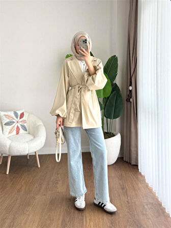 3065 Kuşaklı Balon Kol Deri Ceket