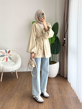 3065 Kuşaklı Balon Kol Deri Ceket