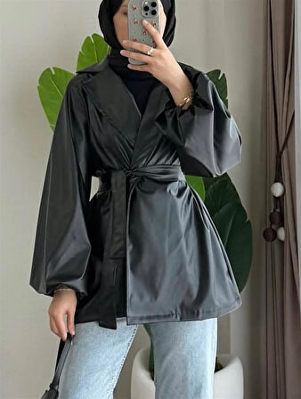 3065 Kuşaklı Balon Kol Deri Ceket