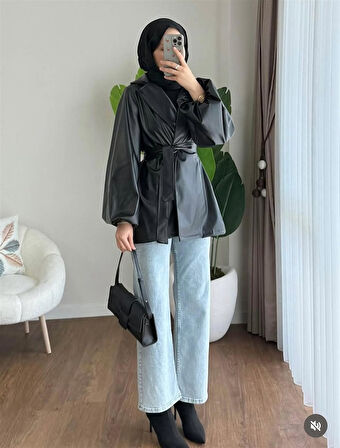 3065 Kuşaklı Balon Kol Deri Ceket