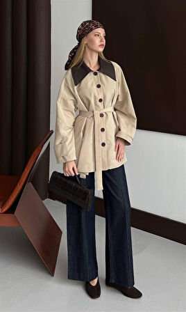 9342 Yakası Deri Garnili Altı Düğmeli Kuşaklı Trençkot