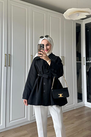 9342 Yakası Deri Garnili Altı Düğmeli Kuşaklı Trençkot