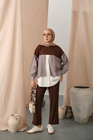 3079 Çift Garni Detaylı Çizgili Takım