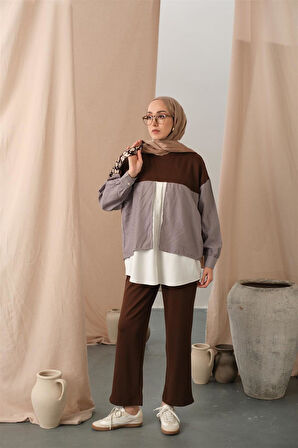 3079 Çift Garni Detaylı Çizgili Takım