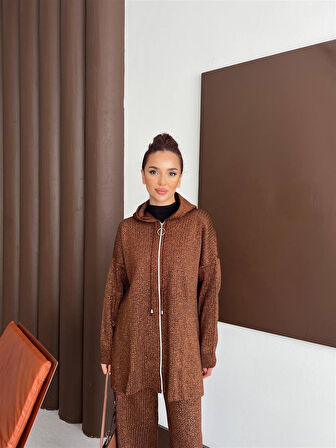 2573 Kapşonlu Fermuarlı Sim Taş Detaylı Triko Takım