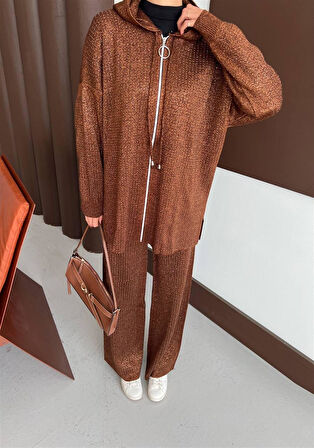 2573 Kapşonlu Fermuarlı Sim Taş Detaylı Triko Takım