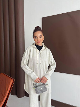 2573 Kapşonlu Fermuarlı Sim Taş Detaylı Triko Takım