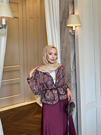 4015 Etnik Desenli Biye Detaylı Bağcıklı Ceket