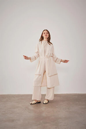 2504 Dantel Şerit Detaylı Kimono Takım