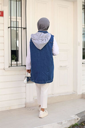 4061 Kapşonlu Çıt Çıtlı Kot Yelek