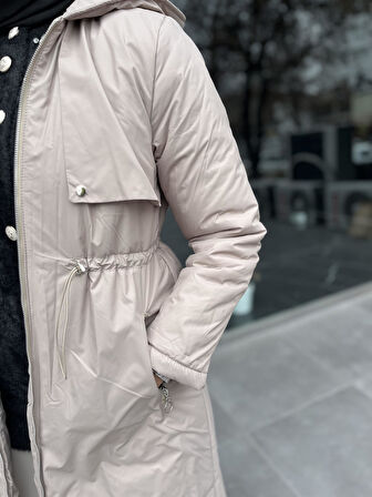 7620 Kapşonlu Beli Lastik Bağıcıklı Kaban