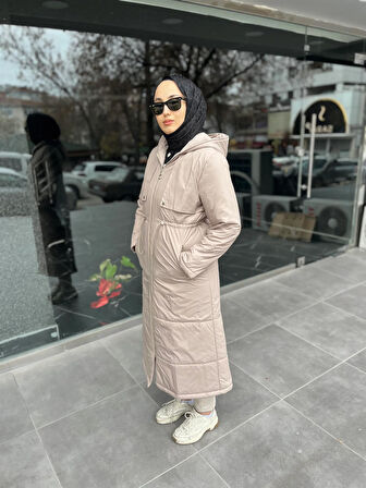 7620 Kapşonlu Beli Lastik Bağıcıklı Kaban