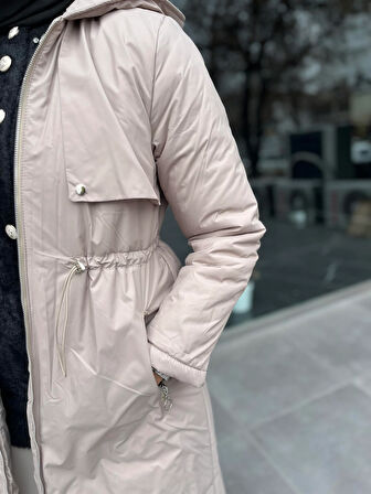 7620 Kapşonlu Beli Lastik Bağıcıklı Kaban