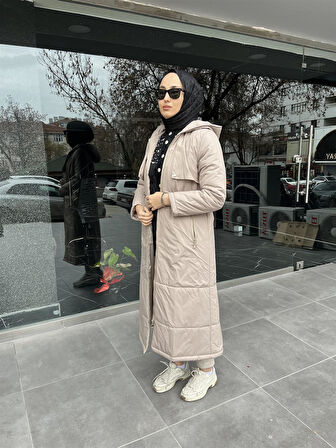 7620 Kapşonlu Beli Lastik Bağıcıklı Kaban