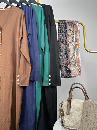 140148 Kol Manşeti Düğmeli Uzun Triko Hırka