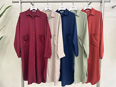 4383 Çift Cepli Boy Düğmeli Ten sel Uzun Tunik