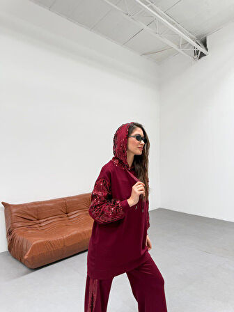 10578 Pul Payet Detaylı Kapşonlu Pantolonlu Penye Takım