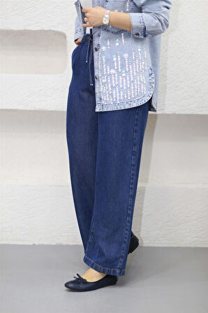 2773 Beli Bağıcıklı Bol Paça Ten Sel Kot Pantolon