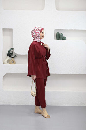 3111-1 Metal Düğmeli Asimetrik Bağıcıklı Süet Takım